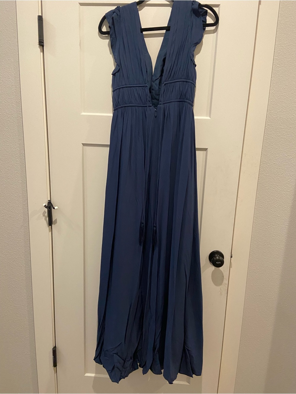 Azazie Navy Blue Deep V-Neck Pleated Maxi Dress